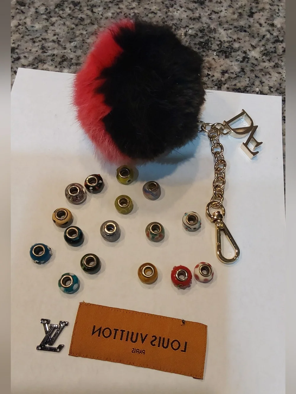 Louis Vuitton & DVF Red and Black Fur Pom‎ Pom Key Charm with Gold Hardware
